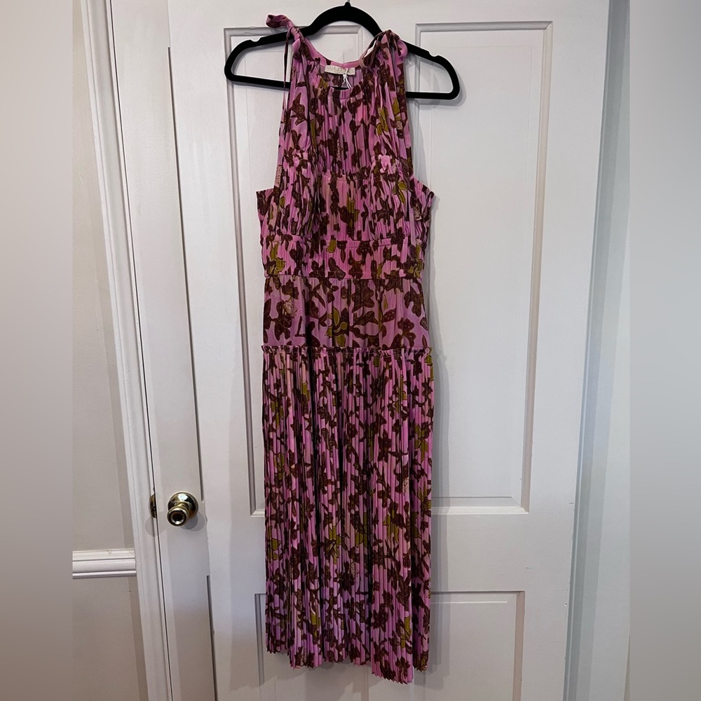 NWT 100% Silk Ulla Johnson pink pleated floral dress